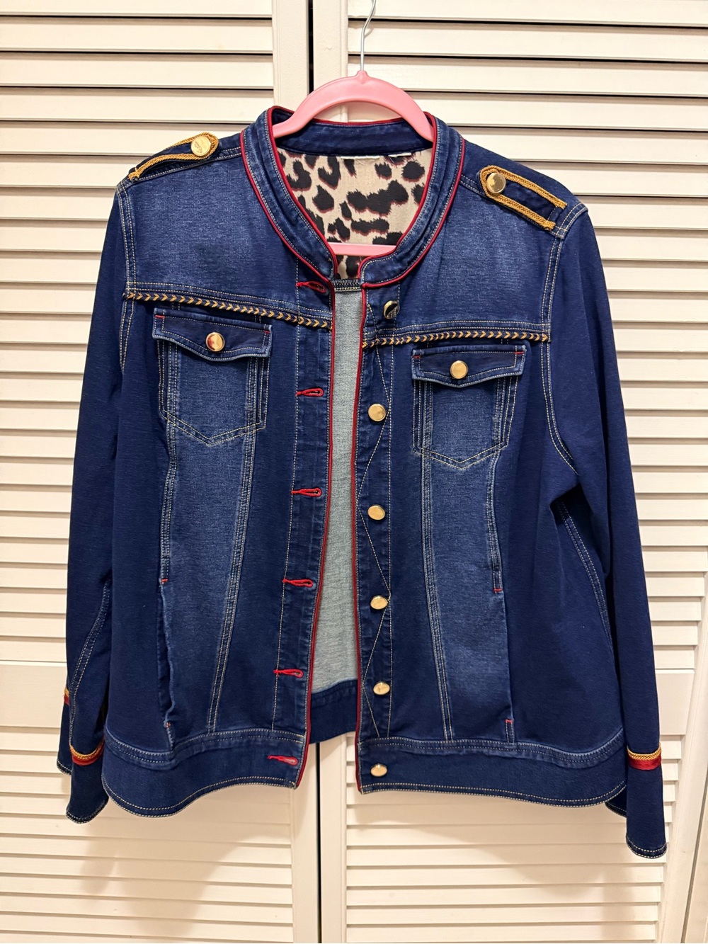 Chico’s Zenergy Military-Style Stretch Denim Jacket — Gold & Red Trim